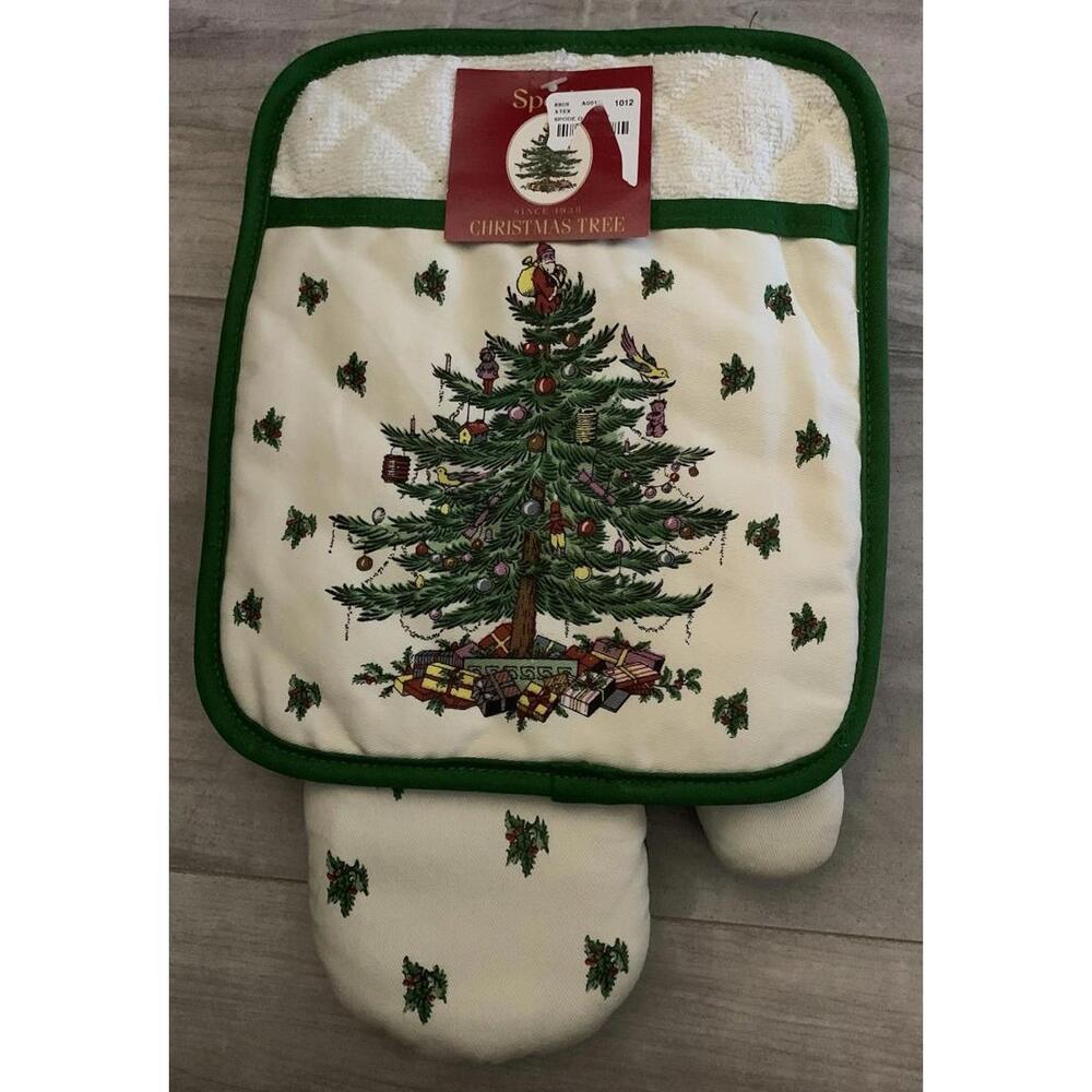 Spode Christmas Tree 2-pc Kitchen Gift Set: Oven Mitt & Square Pot Holder New